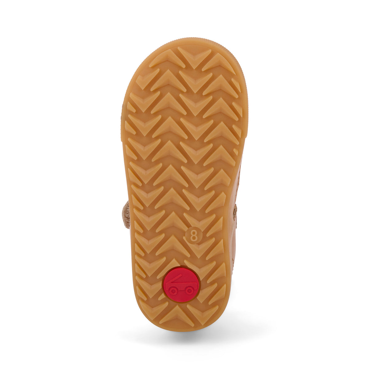 Brown sandal sole with red heel tab on a white background