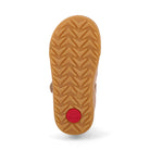 Brown sandal sole with red heel tab on a white background