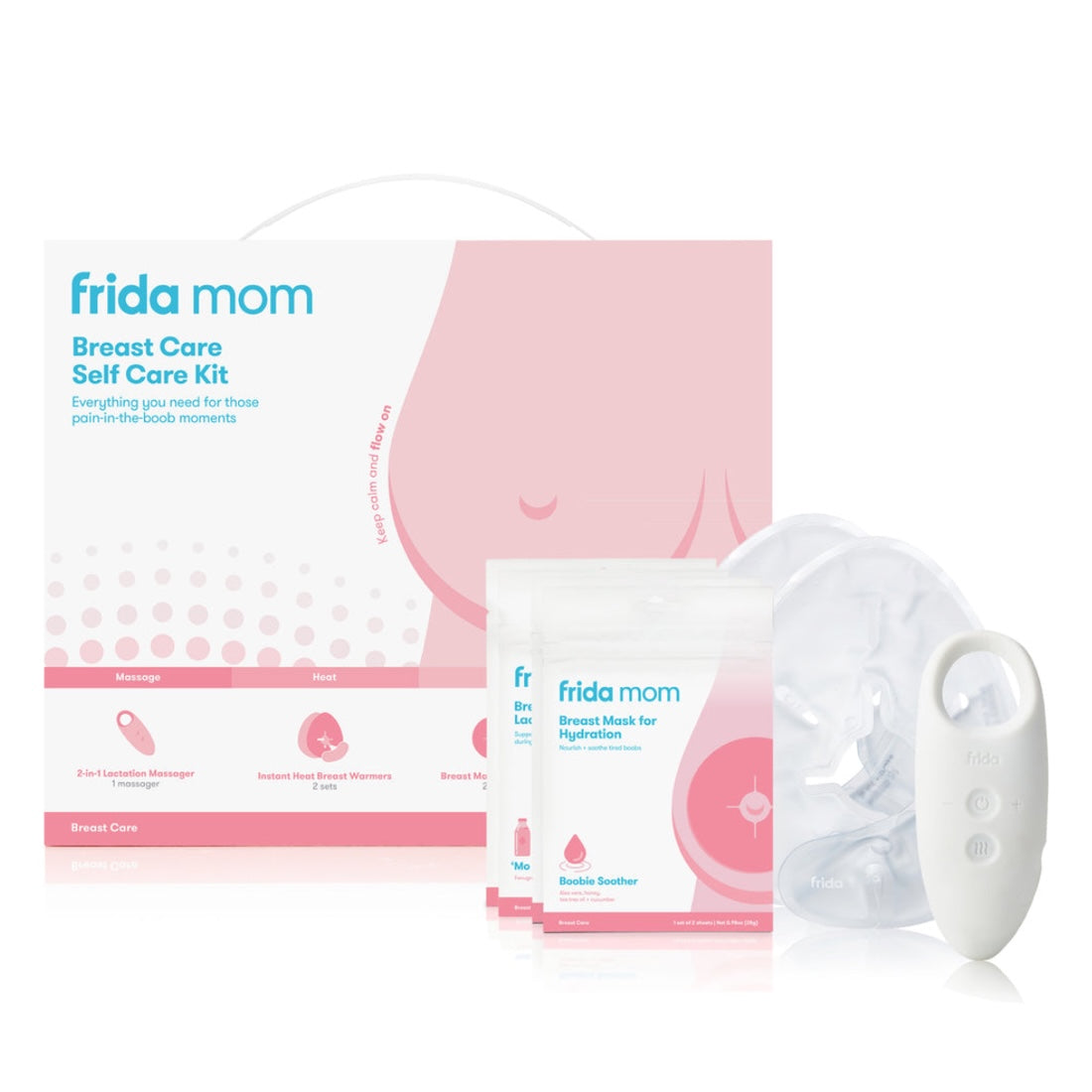 Frida Mom breast care self-care kit with packaging and breast pump on a white background