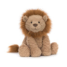 A plush lion stuffed animal with a tan face and body and a fluffy golden-brown mane, sitting on a white background.