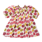 A short-sleeve baby dress with a white base and an all-over print of red, pink, yellow, and green apples, shown flat against a white background.