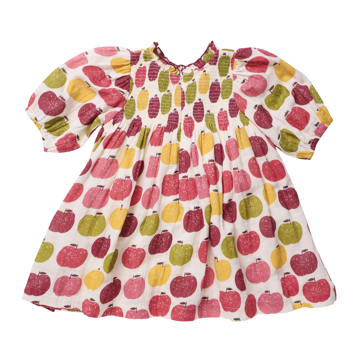 A short-sleeve baby dress with a white base and an all-over print of red, pink, yellow, and green apples, shown flat against a white background.