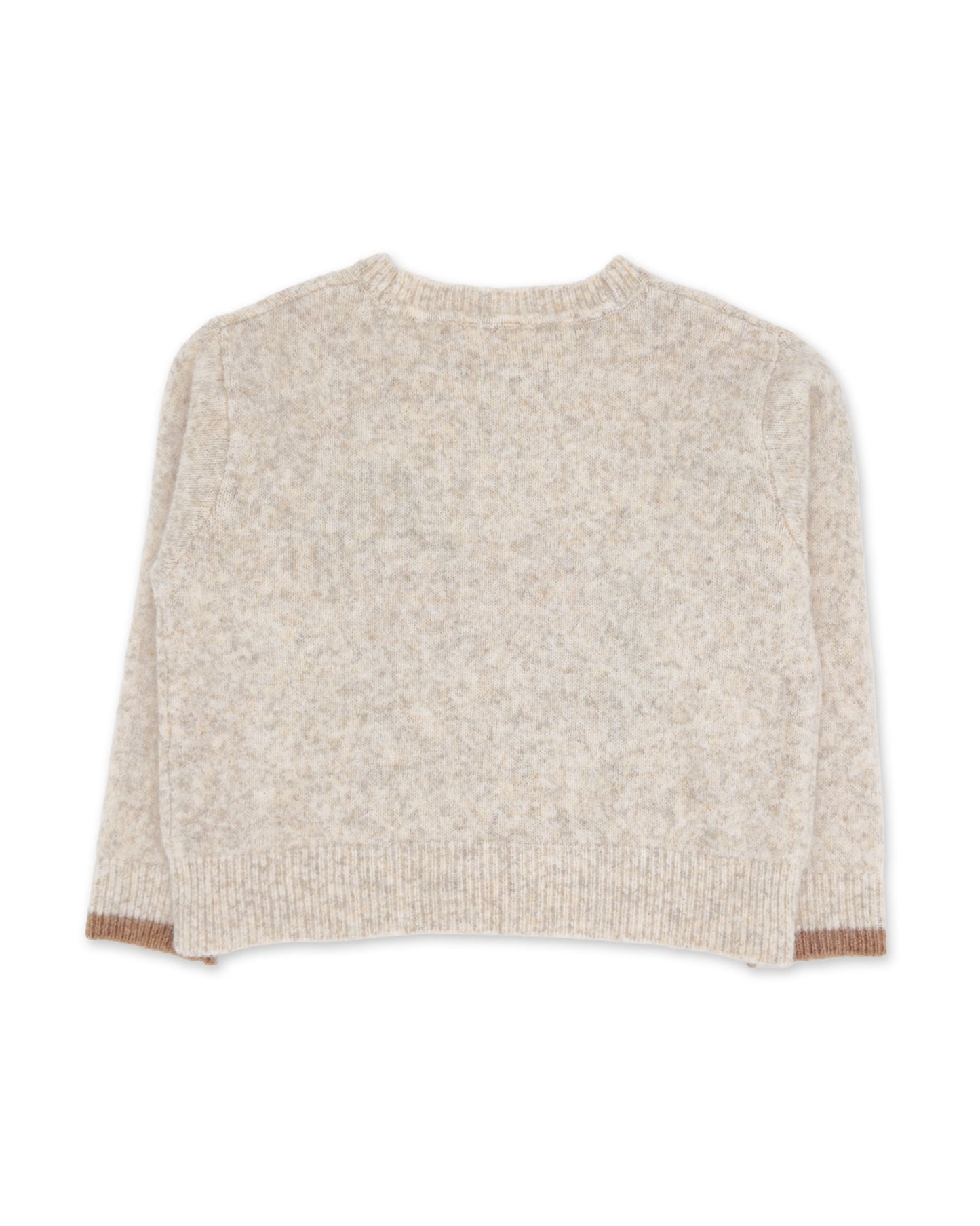 A cropped long-sleeve knit sweater in a heathered oatmeal beige color, shown from the back against a plain white background.