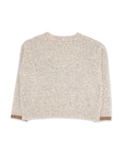 A cropped long-sleeve knit sweater in a heathered oatmeal beige color, shown from the back against a plain white background.