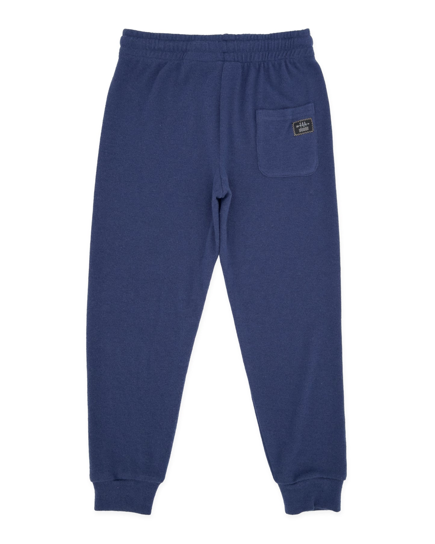 A pair of navy blue sweatpants shown from the back, featuring an elastic waistband, ribbed ankle cuffs, and a single back pocket with a small brand label.