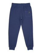 A pair of navy blue sweatpants shown from the back, featuring an elastic waistband, ribbed ankle cuffs, and a single back pocket with a small brand label.