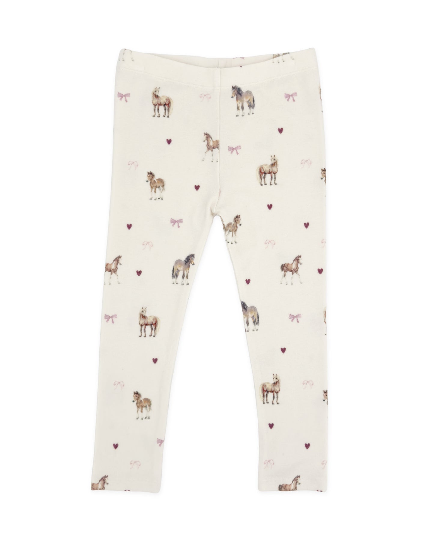 Off-white leggings with an all-over print of horses, donkeys, and small pink hearts, shown flat against a white background.