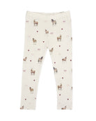 Off-white leggings with an all-over print of horses, donkeys, and small pink hearts, shown flat against a white background.