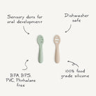 Two baby utensils with text highlighting features like sensory dots, dishwasher safety, and food-grade silicone.