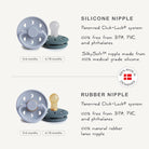 Silicone and rubber nipples with product details on a white background