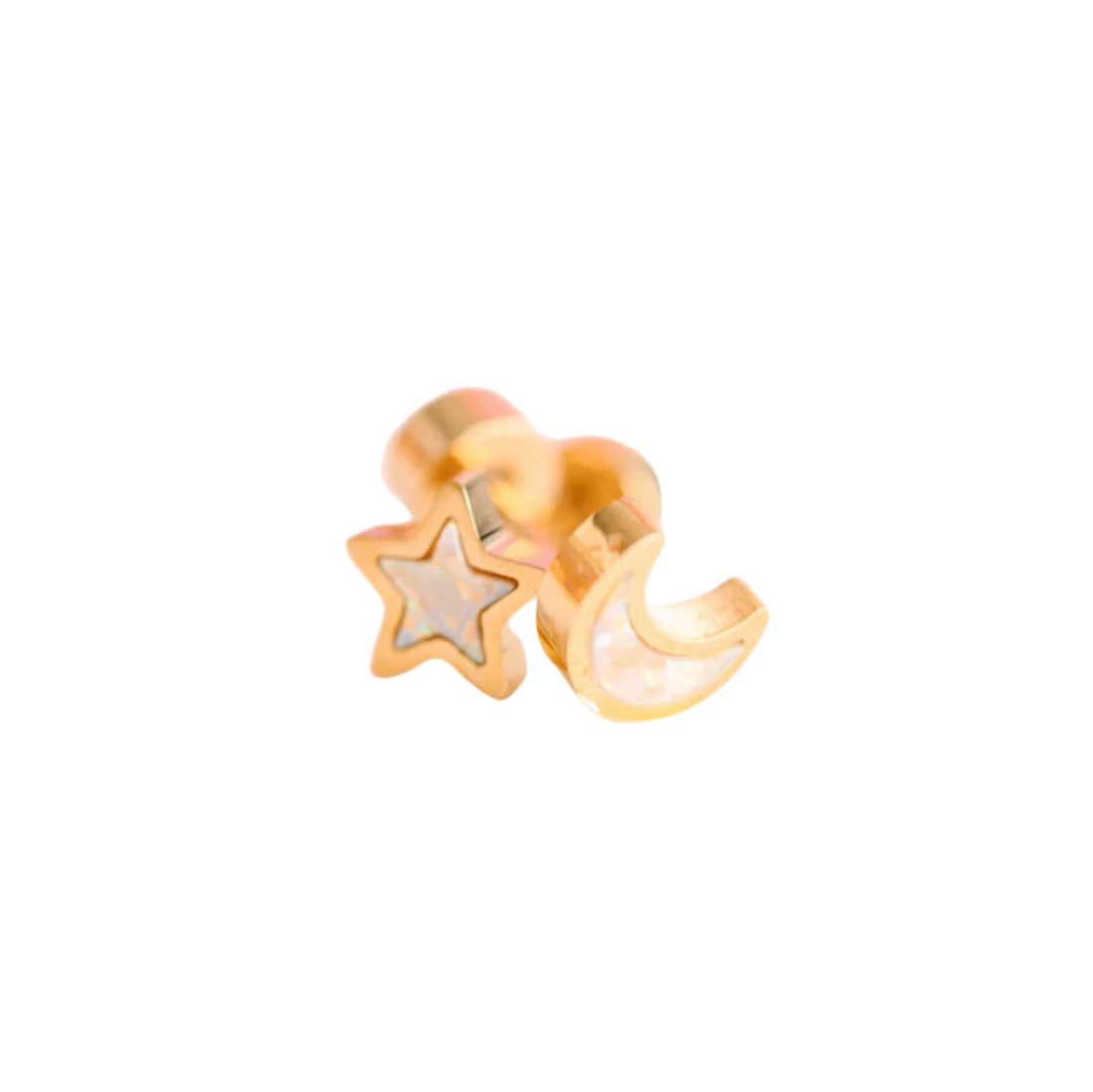 Gold star and moon earring on a white background