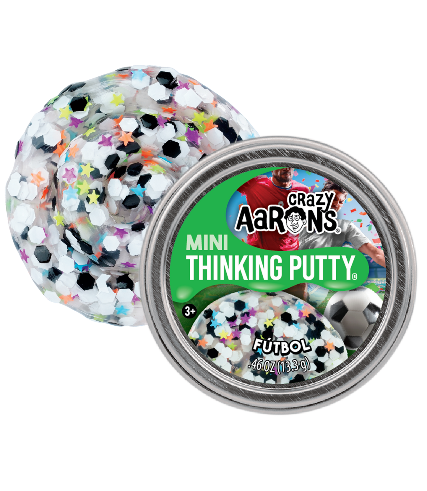 Crazy Aaron's Mini Thinking Putty container with soccer-themed design on a white background