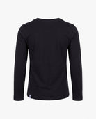 A black long-sleeve crewneck shirt shown from the back, featuring a small white brand tag near the bottom left hem, set against a plain white background.
