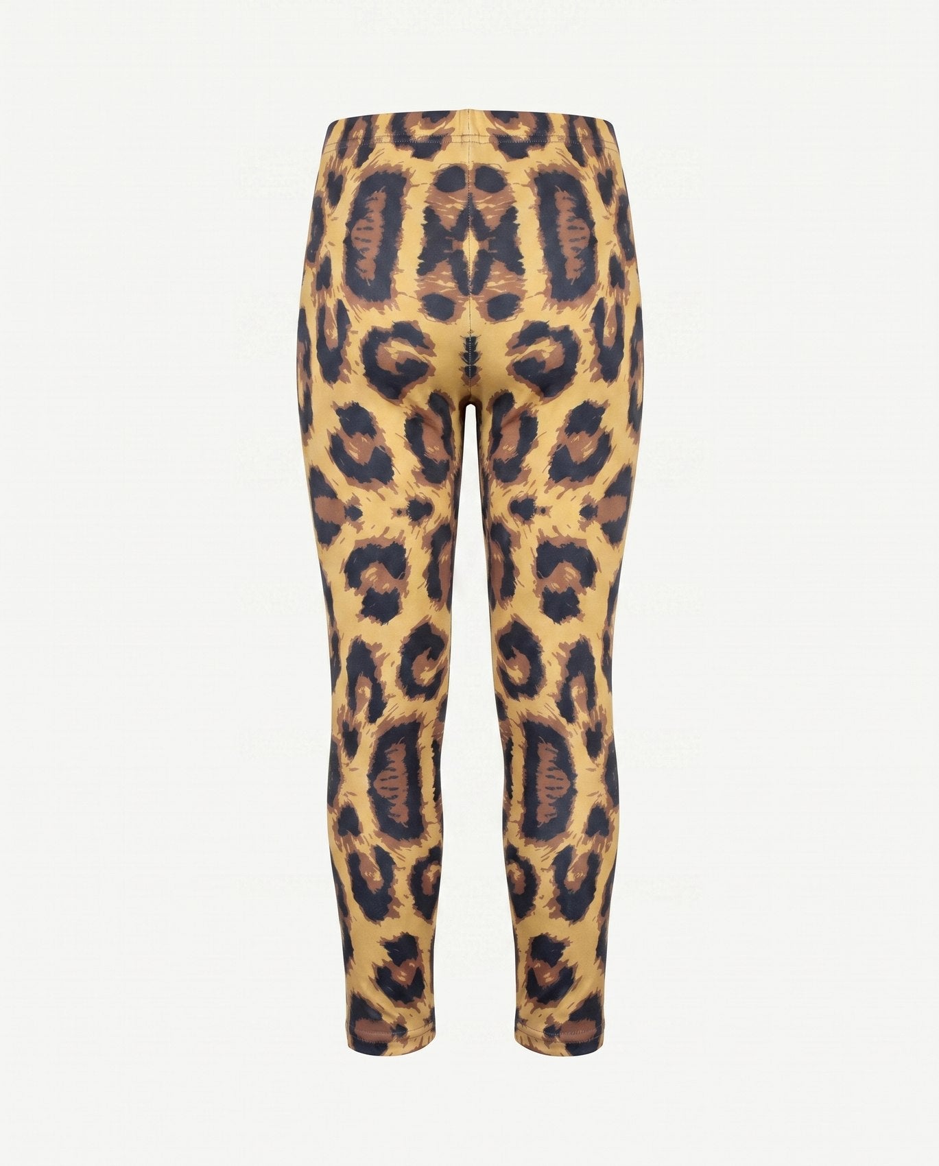 A pair of high-waisted leggings with an all-over leopard print pattern in tan, brown, and black, shown against a plain light gray background.