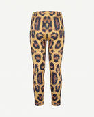 A pair of high-waisted leggings with an all-over leopard print pattern in tan, brown, and black, shown against a plain light gray background.