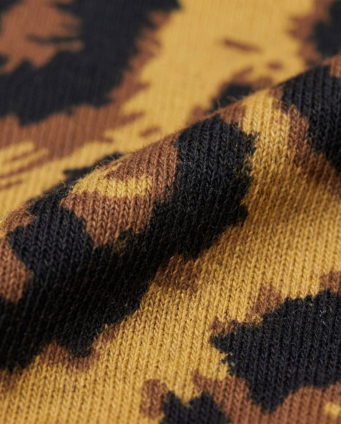 Close-up of a knitted fabric with a camouflage pattern in brown, black, and beige.
