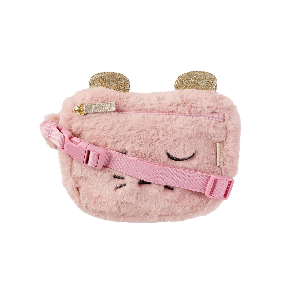 Pink plush bag with bear ears and a strap on a white background