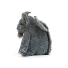 A gray plush monster toy with textured fur, small horns, and large floppy ears, shown from the side on a clean white background.