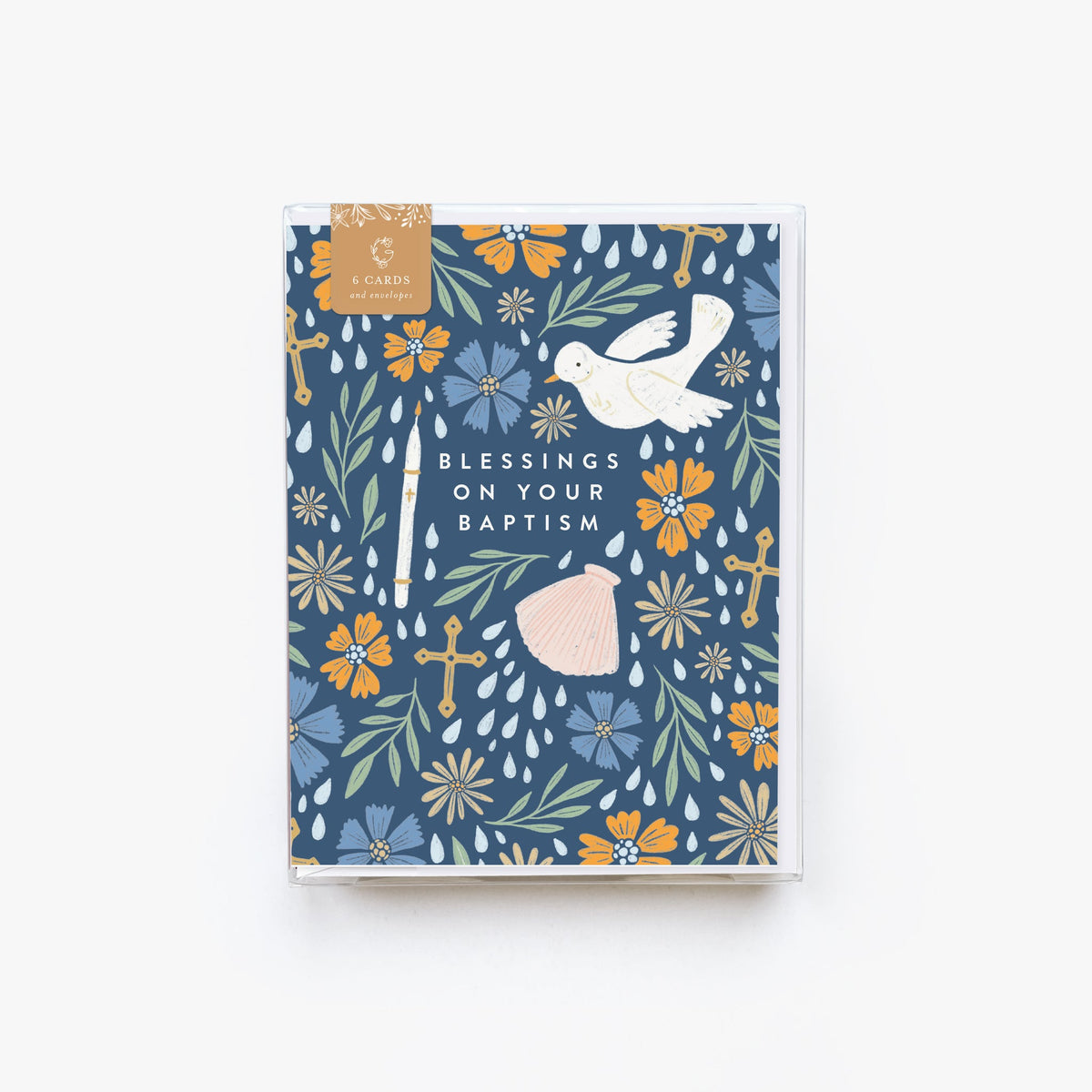 Greeting card with floral design and dove on a blue background, featuring text 'Blessings on Your Baptism'.