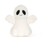 A small white plush ghost toy with black embroidered eyes and a simple stitched smile, centered on a clean white background.