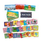 Colorful educational path cards with various illustrations on a white background