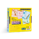 Travel Bingo game packaging with cards and pencils on a yellow background