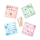 Four square pegboard game boards in red, green, blue, and pink, arranged in a circle with four wooden pencils in the center on a white background.