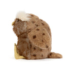 A plush stuffed animal shaped like a brown spotted bird, shown from the back on a clean white background. The bird has a fluffy brown body with dark brown spots, a white crest on its head, and a small yellow beak and foot detail.