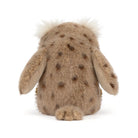 A plush stuffed animal shown from the back, featuring a spotted brown and beige fur pattern, floppy ears, and a fluffy white tuft on top, photographed against a plain white background.