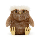 A brown plush owl toy with a fluffy white crest on its head, yellow beak, and yellow feet, photographed against a plain white background.