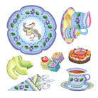 Kitten's Time for Tea Spinner Game pieces by eeBoo, featuring illustrated game cutouts of tea party items including a decorated plate with a bird illustration, teacups, pastries, fruit slices, an open-faced sandwich, and a napkin with utensils.