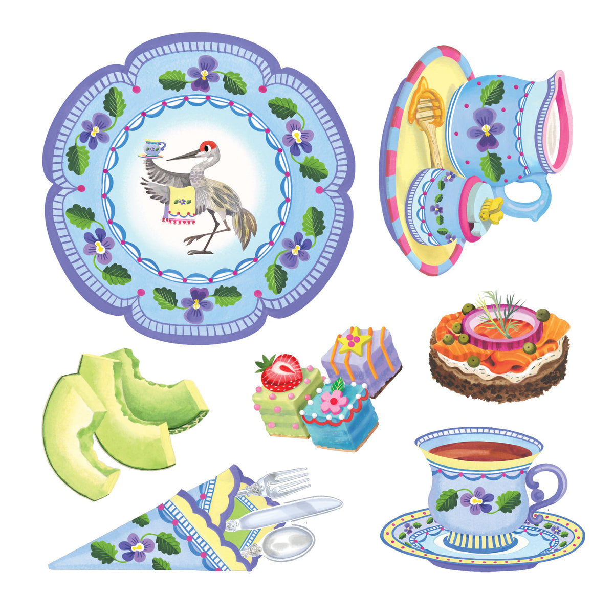 Kitten's Time for Tea Spinner Game pieces by eeBoo, featuring illustrated game cutouts of tea party items including a decorated plate with a bird illustration, teacups, pastries, fruit slices, an open-faced sandwich, and a napkin with utensils.