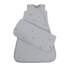 A baby sleep sack in light gray with a small brown deer and mama deer pattern, featuring a front zipper closure, shown on a solid white background.