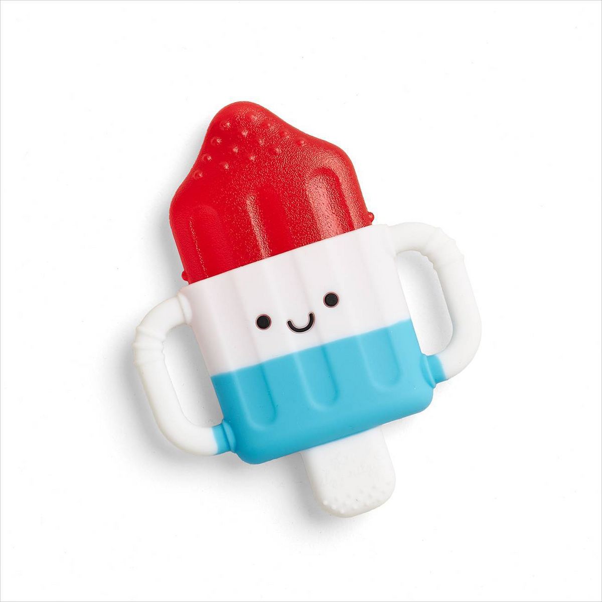 Toy resembling a popsicle with a red top and blue bottom on a white background