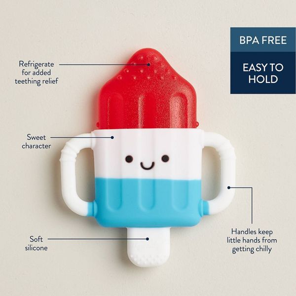 Teething toy designed like a popsicle with text highlighting features on a light beige background