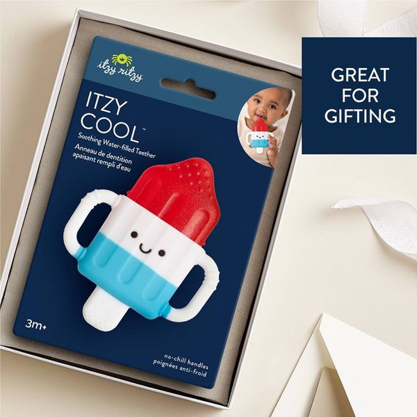 Itzy Ritzy Itzy Cool water-filled teether packaging with a baby image on a white background