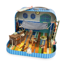 Toy boat with detailed interior and striped exterior on a white background