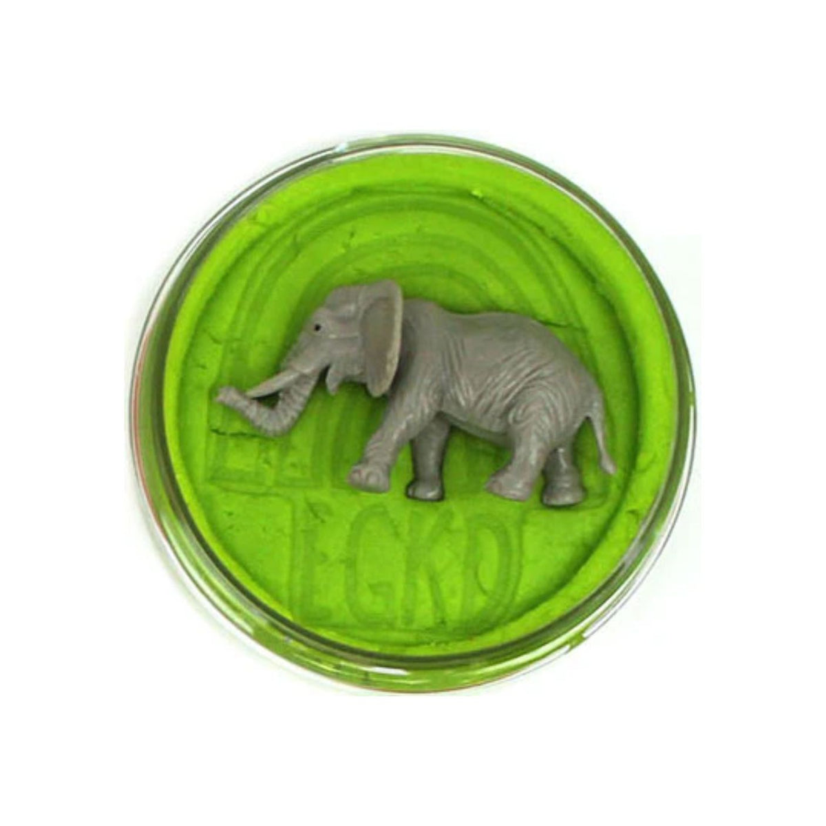 A gray elephant figurine standing on a bright lime green circular base with embossed lettering, photographed on a plain white background.
