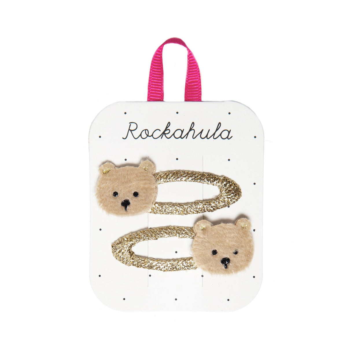 Set of bear-themed hair clips on a Rockahula branded card.