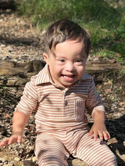 Kingston Polo Romper - Pumpkin/Beige Double Stripe by Me & Henry