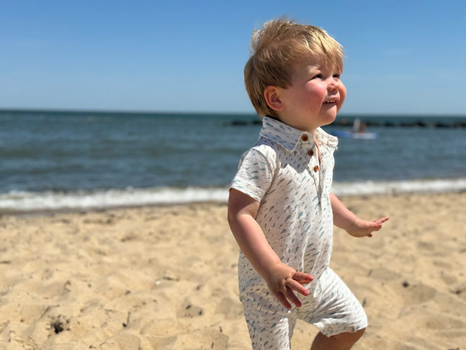 Drift Printed Polo Romper - Beige/Blue Fish by Me & Henry