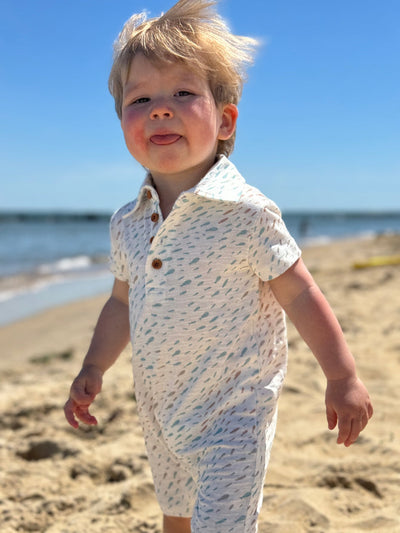 Drift Printed Polo Romper - Beige/Blue Fish by Me & Henry