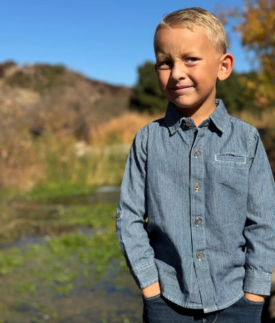 Atwood Woven Button Up - Blue/Thin White Stripe by Me & Henry