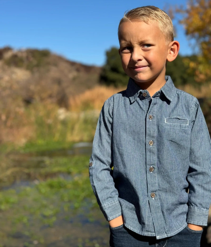 Atwood Woven Button Up - Blue/Thin White Stripe by Me & Henry