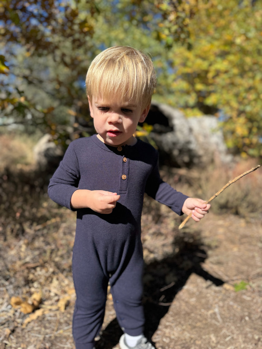 A toddler with blonde hair wearing a navy blue Henley onesie stands outdoors in a natural setting with rocks and dry brush, holding twigs.