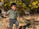 A toddler boy wearing a green and brown plaid button-down shirt, dark gray jeans, and brown cowboy boots walking outdoors in a sunny, dry grassy field with pinecones on the ground.