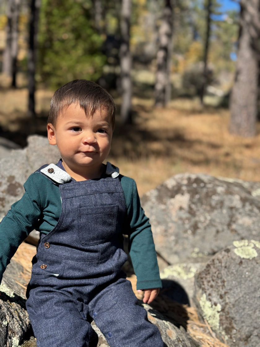 Child in denim overalls sitting on rocks in a forest