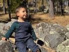 Child in denim overalls sitting on rocks in a forest.
