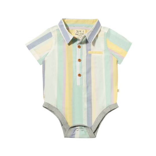 Helford Short Sleeve Button Down Bodysuit - Blue/Yellow/White Stripe by Me & Henry - FINAL SALE