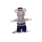 Stuffed toy mouse in a gray sweater with a bird design and blue pants on a white background